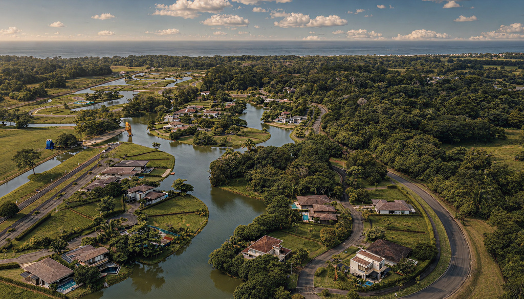 Aerial view of the Místico community beside the Central Pacific coast.
