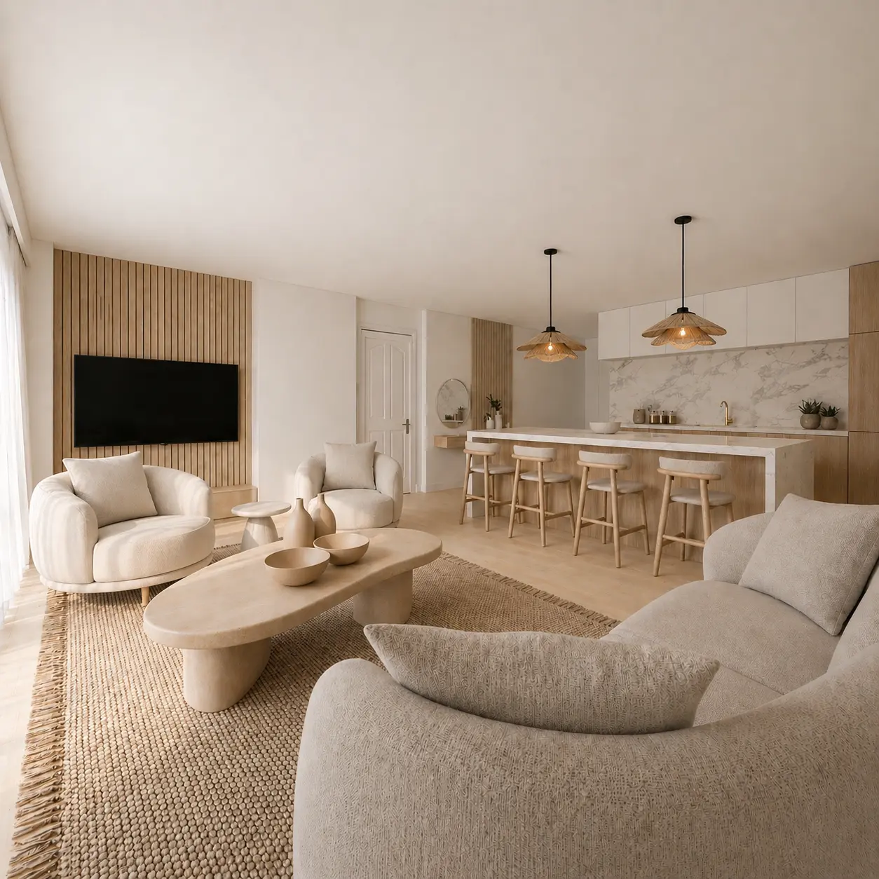 Wide view of DUNA's integrated living room and kitchen.